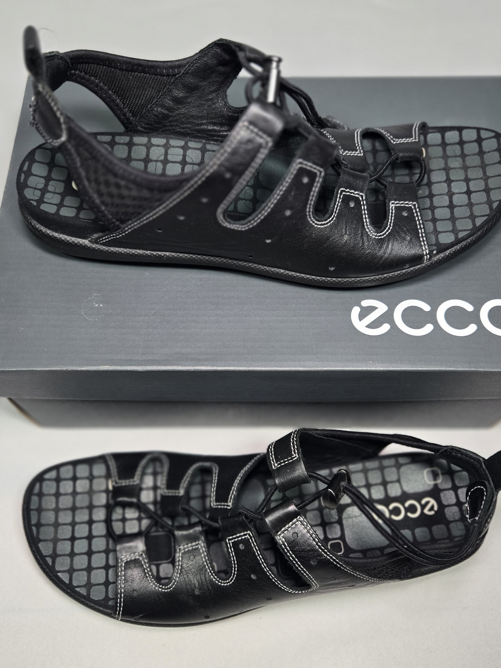 ECCO Jab Sandal Black Leather Speedlace Womens USA 10 - 10.5 EU 41 Strappy EUC - Picture 2 of 7